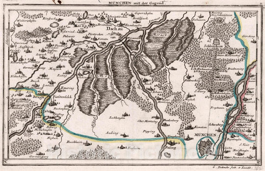 Historic Map : Germany , Munich (Germany), Europe Munchen mit der Gegend. Gabriel, Bodenehr fecit. et Exc. 1716, Vintage Wall Art