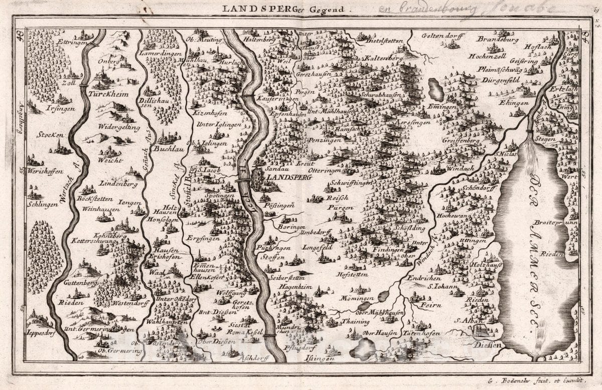 Historic Map : Germany, , Europe Landsperger Gegend. G. Bodenehr fecit et Excudit. (to accompany)Curieux Oder Neuer und Compendieuser Atlas. 69, 1716, Vintage Wall Art