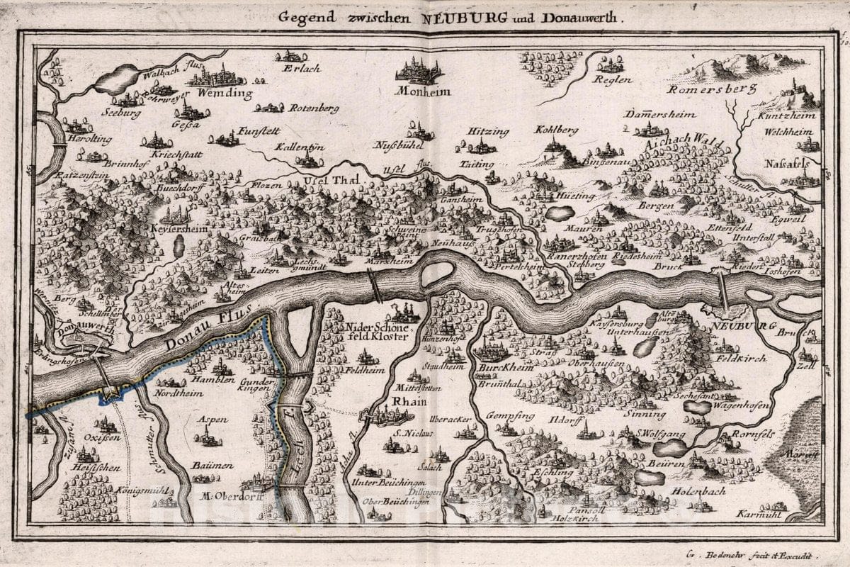 Historic Map : Germany, , Europe Gegend zwischen Neuburg und Donauwerth, 1716 Atlas , Vintage Wall Art