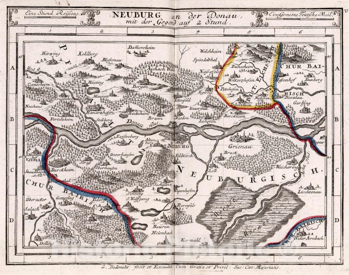 Historic Map : Germany, , Europe Neuburg an der Donau, mit der Gegend auf Zwei Stunden, 1716 Atlas , Vintage Wall Art