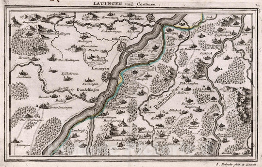 Historic Map : Germany, , Europe Lauingen und Confinen. G. Bodenehr fecit et Excudit. (to accompany)Curieux Oder Neuer und Compendieuser Atlas. 72, 1716, Vintage Wall Art