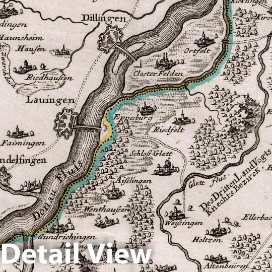 Historic Map : Germany, , Europe Lauingen und Confinen. G. Bodenehr fecit et Excudit. (to accompany)Curieux Oder Neuer und Compendieuser Atlas. 72, 1716, Vintage Wall Art