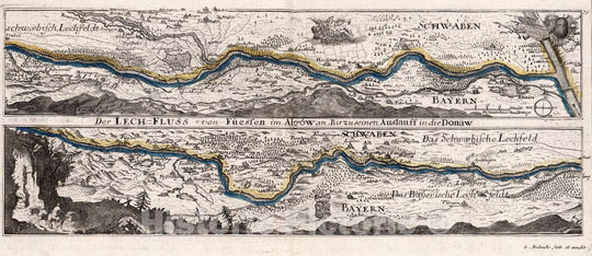 Historic Map : Germany, , Europe Der Lech-Fluss von Fuessen im Algow an, Bis zu seinen Auslauff in die Donaw, 1716 Atlas , Vintage Wall Art