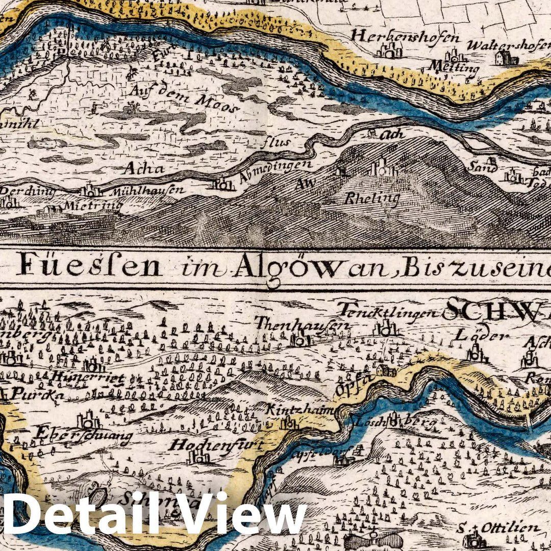 Historic Map : Germany, , Europe Der Lech-Fluss von Fuessen im Algow an, Bis zu seinen Auslauff in die Donaw, 1716 Atlas , Vintage Wall Art