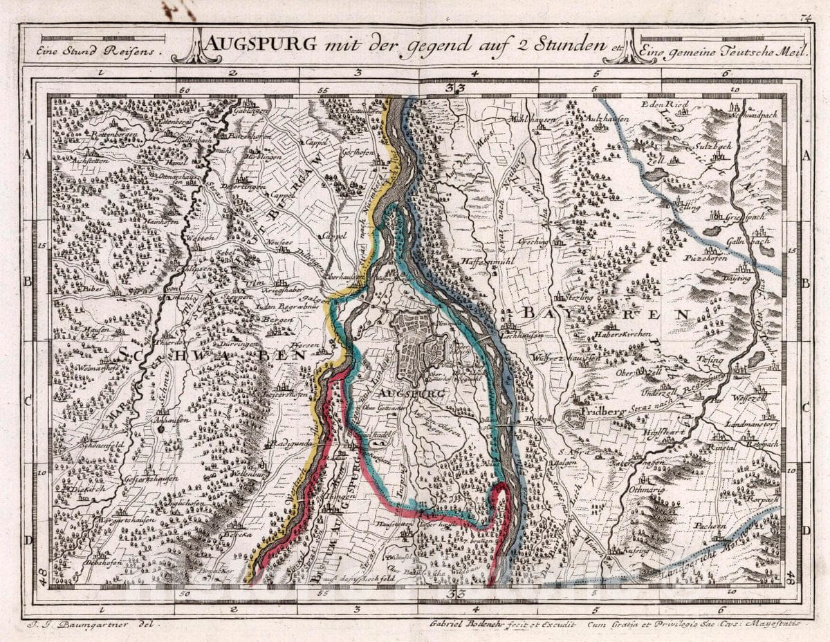 Historic Map : Germany, , Europe Augspurg mit der gegend auf Zwei stunden etc, 1716 Atlas , Vintage Wall Art