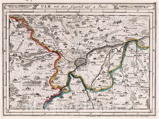 Historic Map : Germany, , Europe ULM, mit dero Gegend auf Zwei Stund, 1716 Atlas , Vintage Wall Art