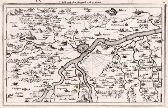 Historic Map : Germany, , Europe 1716 ULM mit der Gegend auf 1 1/4 Stund , Vintage Wall Art