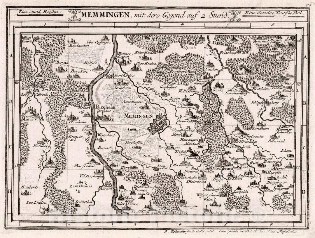 Historic Map : Germany, , Europe Memmingen, mit dero Gegend auf Zwei Stund, 1716 Atlas , Vintage Wall Art