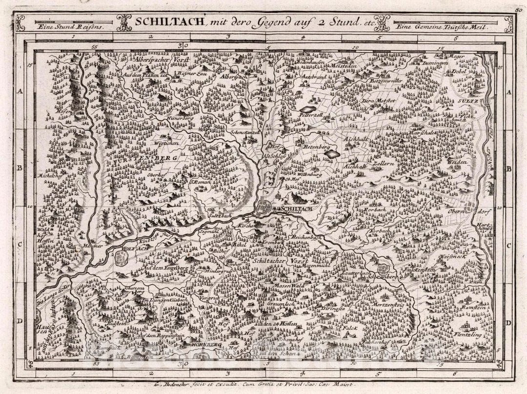 Historic Map : Germany, , Europe Schiltach mit dero Gegend auf Zwei Stund, 1716 Atlas , Vintage Wall Art