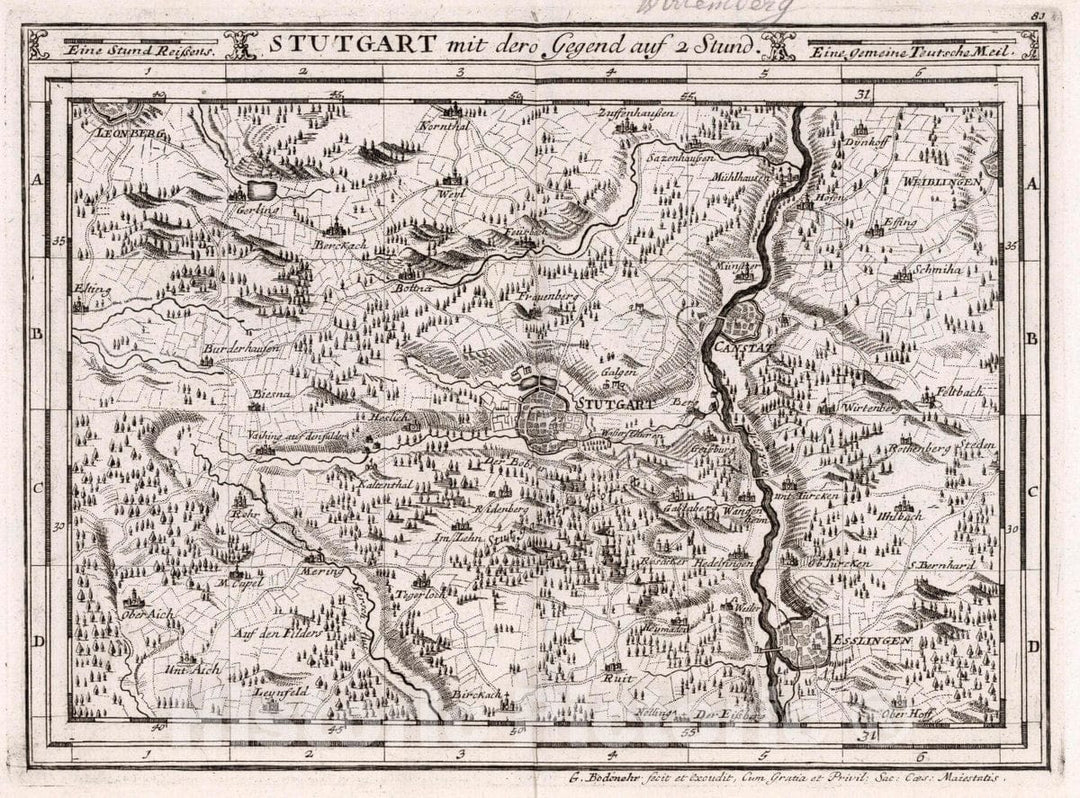 Historic Map : Germany, , Europe Stutgart mit dero Gegend auf Zwei Stund, 1716 Atlas , Vintage Wall Art