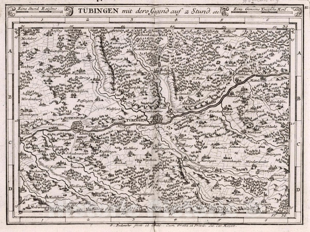 Historic Map : Germany, , Europe Tubingen mit dero Gegend auf Zwei Stund. etc, 1716 Atlas , Vintage Wall Art