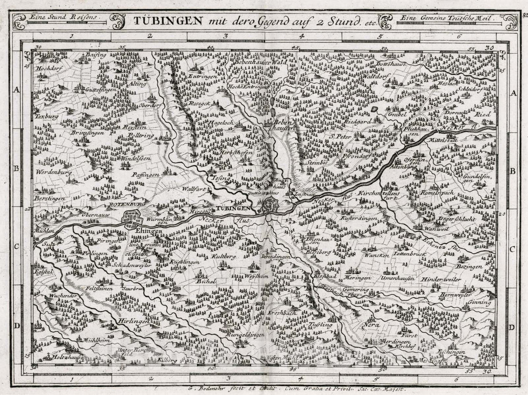 Historic Map : Germany, , Europe Tubingen mit dero Gegend auf Zwei Stund. etc, 1716 Atlas , Vintage Wall Art