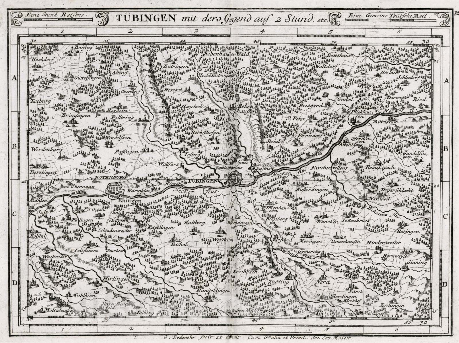 Historic Map : Germany, , Europe Tubingen mit dero Gegend auf Zwei Stund. etc, 1716 Atlas , Vintage Wall Art