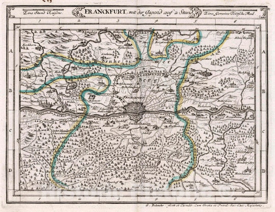 Historic Map : Germany, , Europe Franckfurt, mit der Gegend auf Zwei Stund, 1716 Atlas , Vintage Wall Art