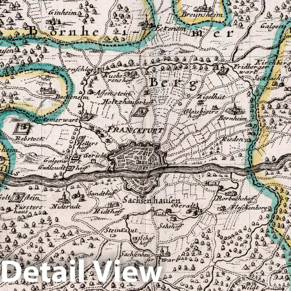 Historic Map : Germany, , Europe Franckfurt, mit der Gegend auf Zwei Stund, 1716 Atlas , Vintage Wall Art