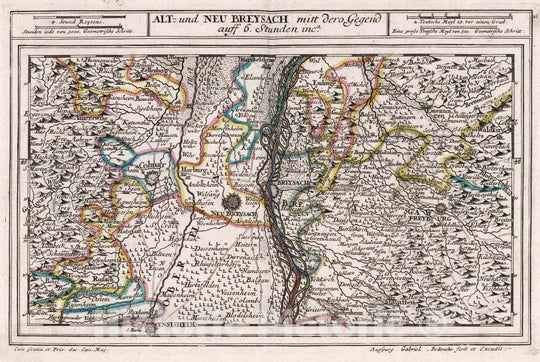 Historic Map : Germany, , Europe Alt- und Neu Breysach mitt dero Gegend auff 6. Stunden inca, 1716 Atlas , Vintage Wall Art