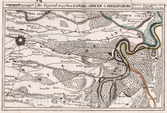 Historic Map : Germany, , Europe Die Gegend zwischen Landau, Speyer und Philipsburg, 1716 Atlas , Vintage Wall Art