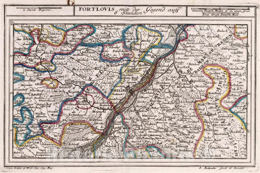 Historic Map : Germany, , Europe Fortlovis mitt der Gegend auff 6 Stunden, 1716 Atlas , Vintage Wall Art