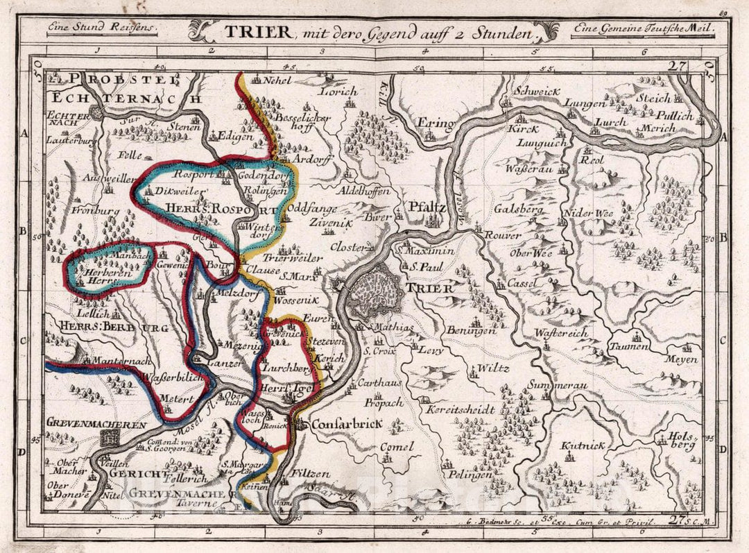 Historic Map : Germany, , Europe Trier mit dero Gegend auff Zwei Stunden, 1716 Atlas , Vintage Wall Art