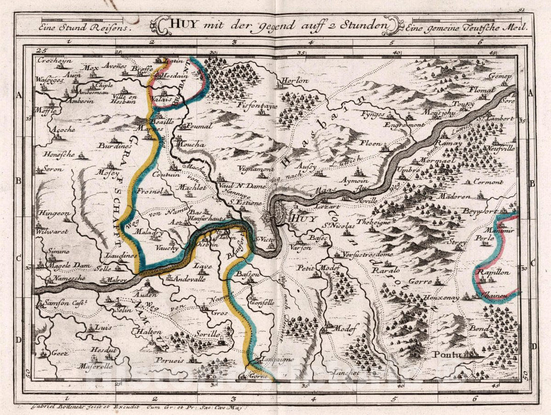 Historic Map : Germany, , Europe Huy mit der Gegend auff Zwei Stunden, 1716 Atlas , Vintage Wall Art