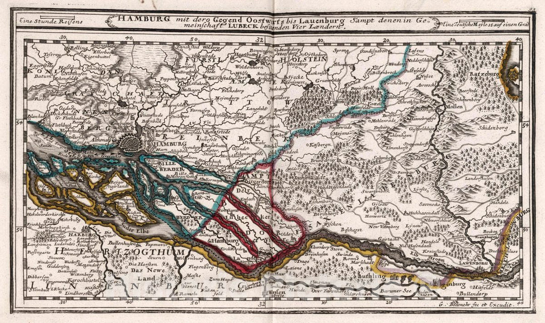 Historic Map : Germany, , Europe 1716 Hamburg mit dero Gegend Oostwerts bis Lauenburg , Vintage Wall Art