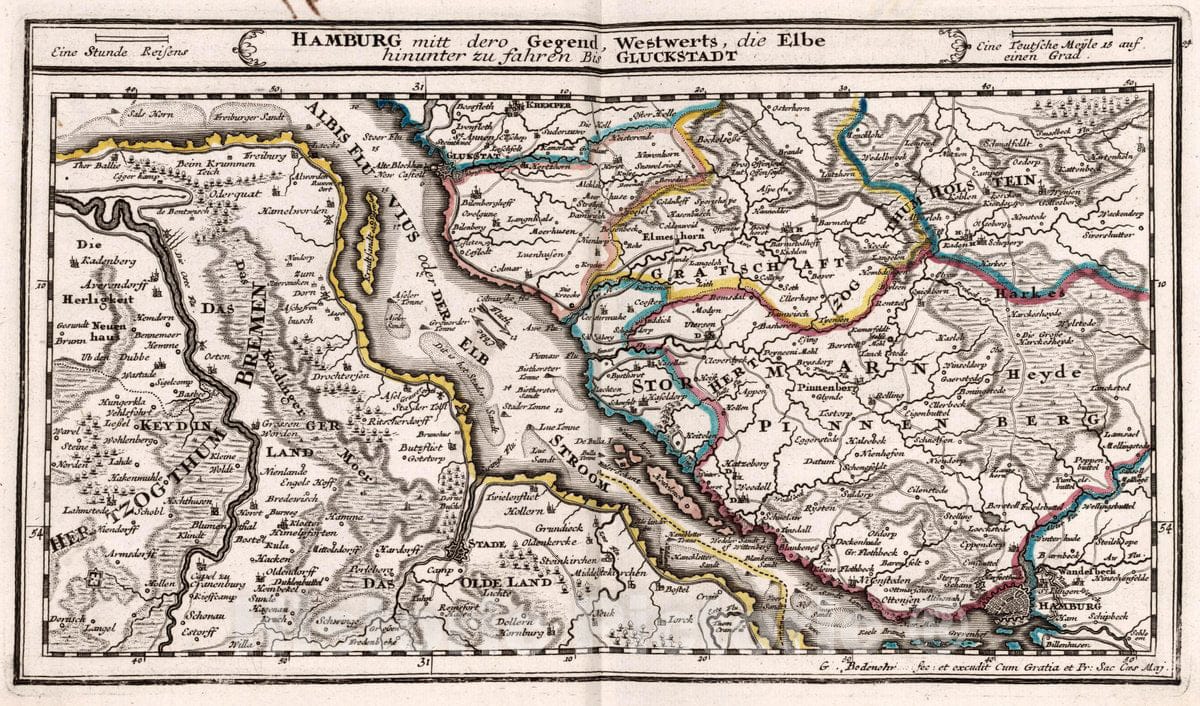 Historic Wall Map : Germany, , Europe 1716 Hamburg mitt dero Gegend, Westwerts, die Elbe hinunter zu Fahren Bis Gluckstadt , Vintage Wall Art