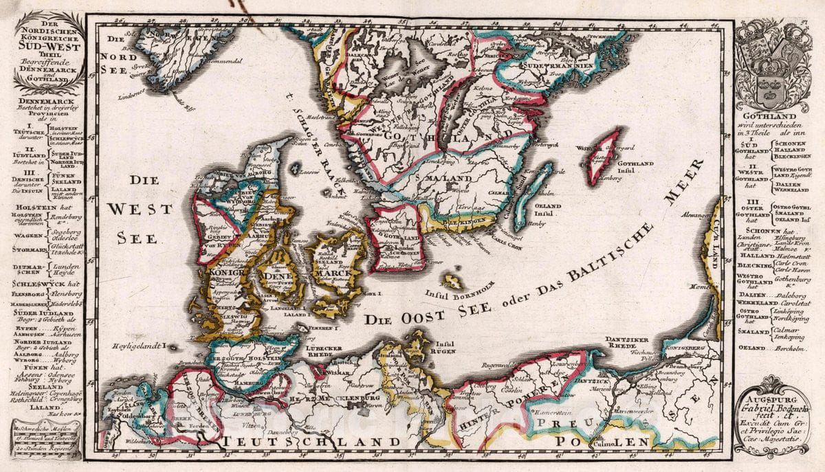 Historic Map : Denmark, 1716 Der Nordischen Konigreiche Sud-West Theil , Vintage Wall Art