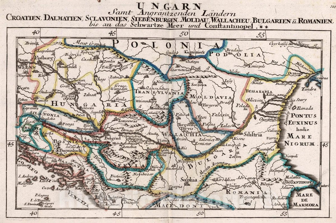 Historic Map : Hungary, Balkan Peninsula Ungarn SAMT Angrantzenden Landern Croatien, Dalmatien, Sclavonien, Siebenburgen, 1716 Atlas , Vintage Wall Art