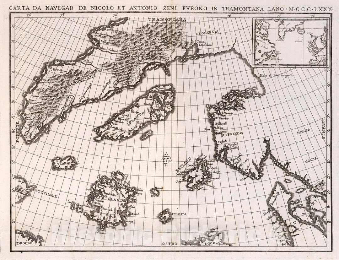 Historic Map : North Atlantic Ocean Carta Da Navegar De Nicolo et Antonio Zeni Fvrono in Tramontana Lano M.CCC.LXXX, 1380 , Vintage Wall Art