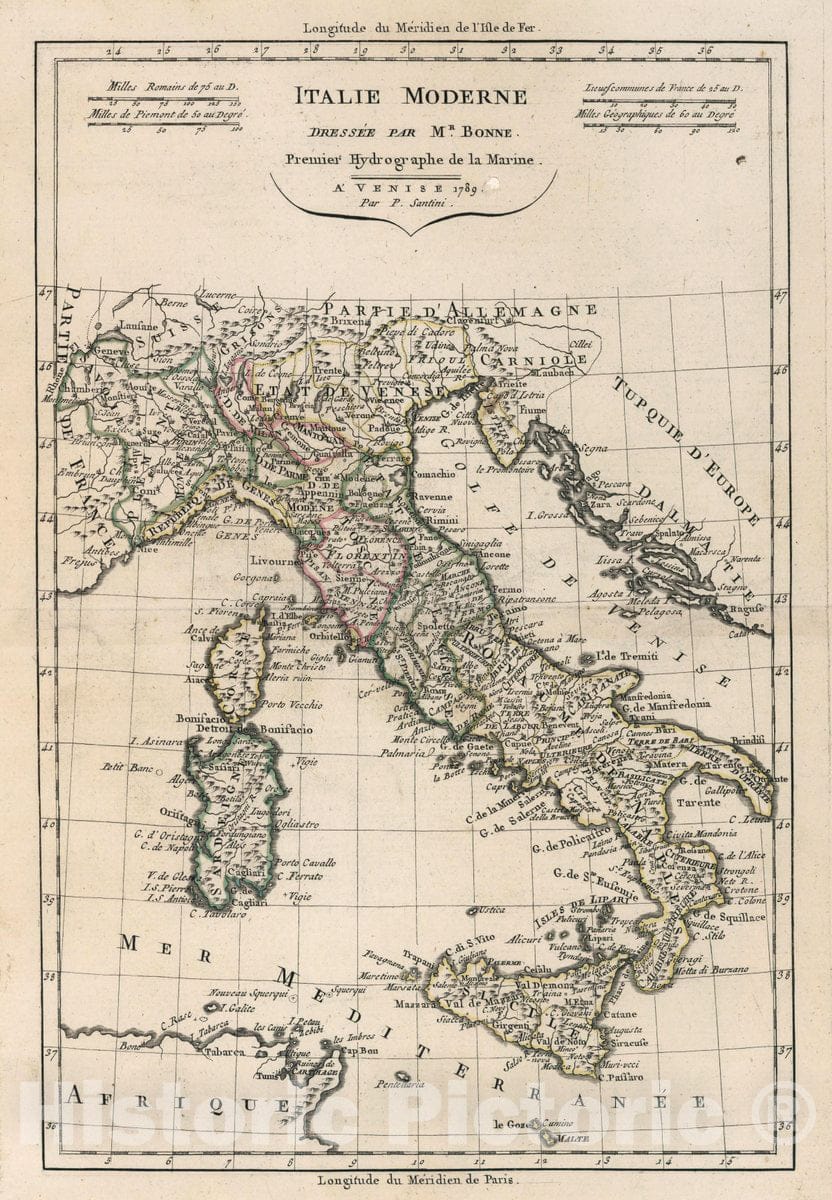 Historic Map : Italy, Italie Moderne. Dressee par M. Bonne. Premier Hydrographe de la Marine. A' Venise Par P. Santini. 1789. , Vintage Wall Art