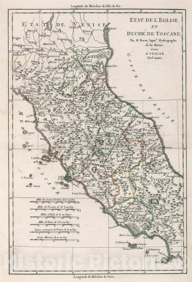 Historic Map : Italy, Etat De L'Eglise Et Duche De Toscane , Vintage Wall Art