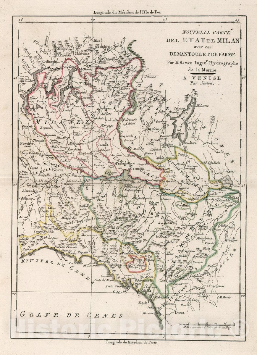 Historic Map : Italy, Nouvelle Carte del Etat de Milan avec ces de Mantoue et de Parme, 1791 Atlas , Vintage Wall Art