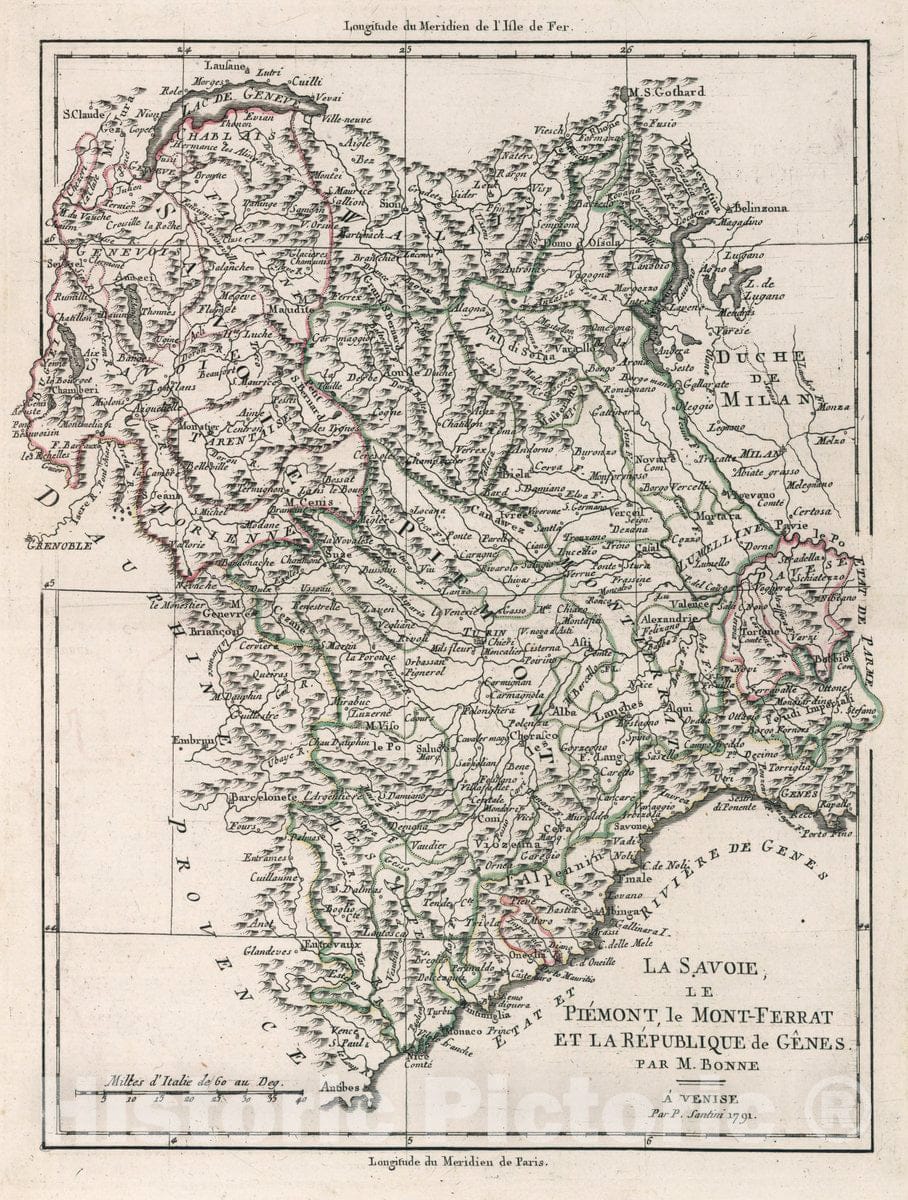 Historic Map : Italy, La Savoie, Le Piemont, Le Mont-Ferrat, Et La Republique De Genes, 1791 Atlas , Vintage Wall Art