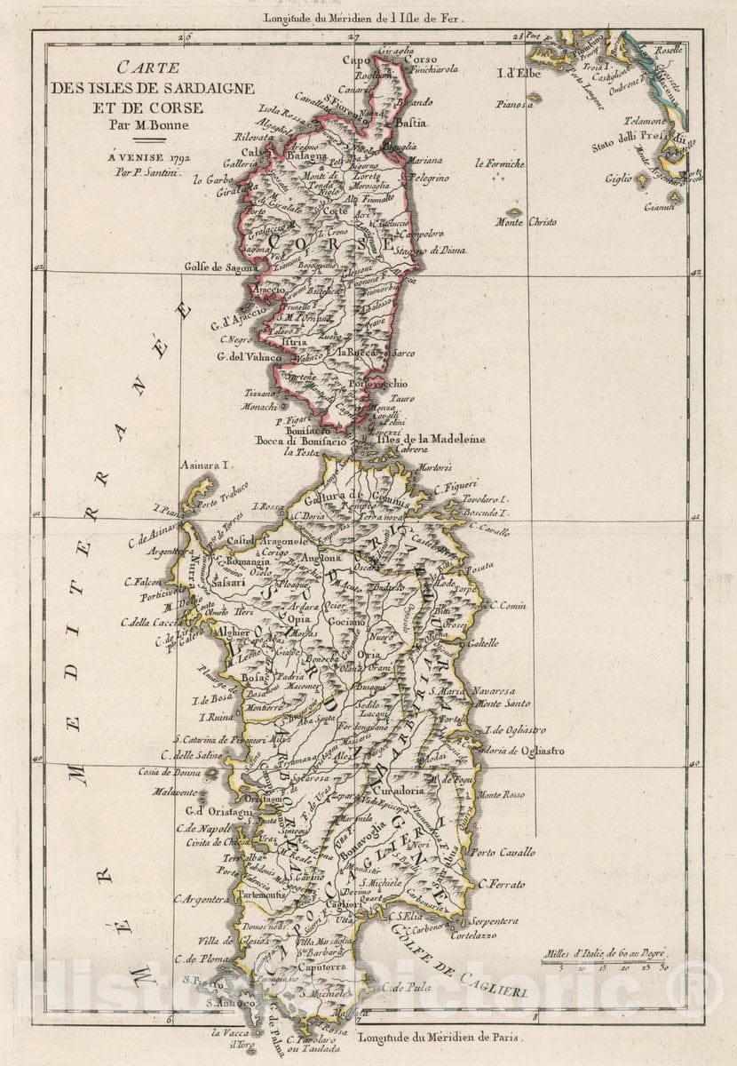 Historic Map : Italy, Sardinia (Italy) Carte des Isles de Sardaigne et de Corse , Vintage Wall Art