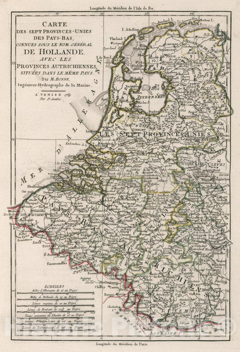 Historic Wall Map : Netherlands, Carte des Sept Provinces-Unies des Pays-Bas, Connues Sous le Nom General de Hollande , Vintage Wall Art