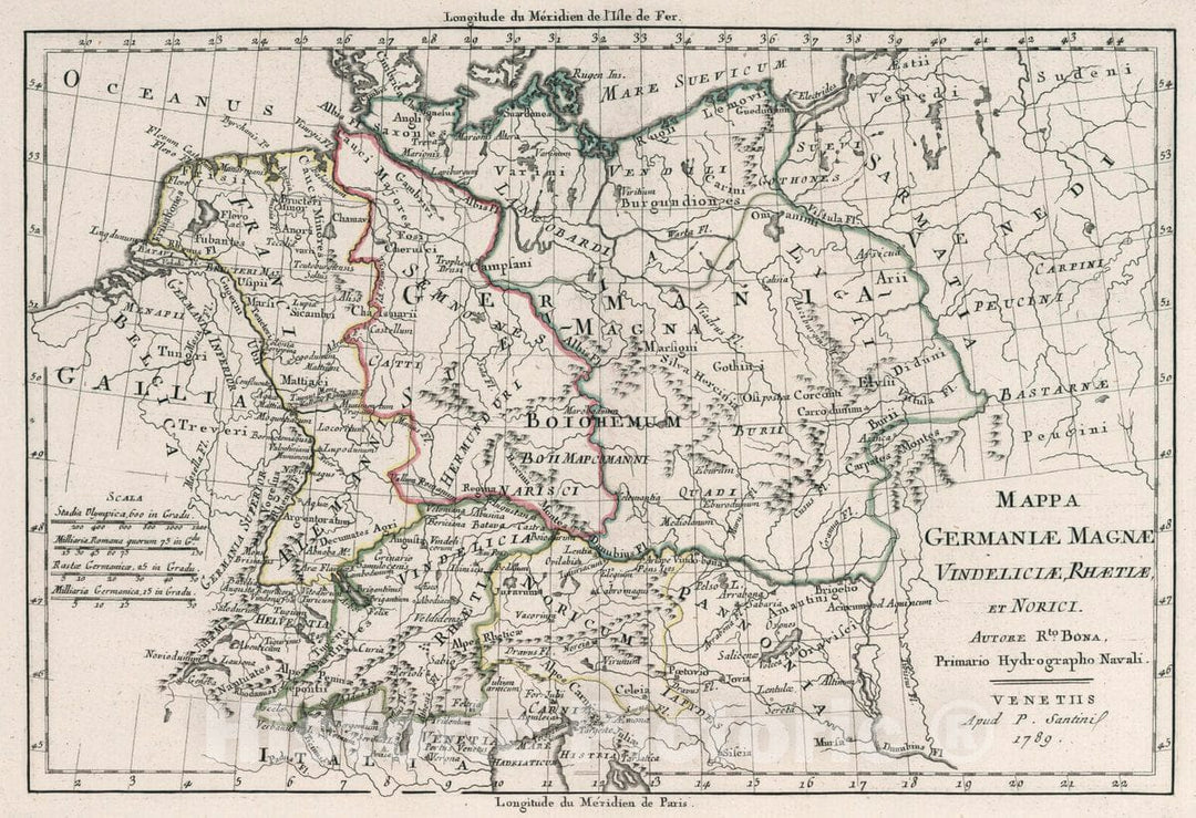 Historic Map : Germany, Mappa Germaniae magnae, Vindeliciae, Rhaetiae et Norici, 1789 Atlas , Vintage Wall Art