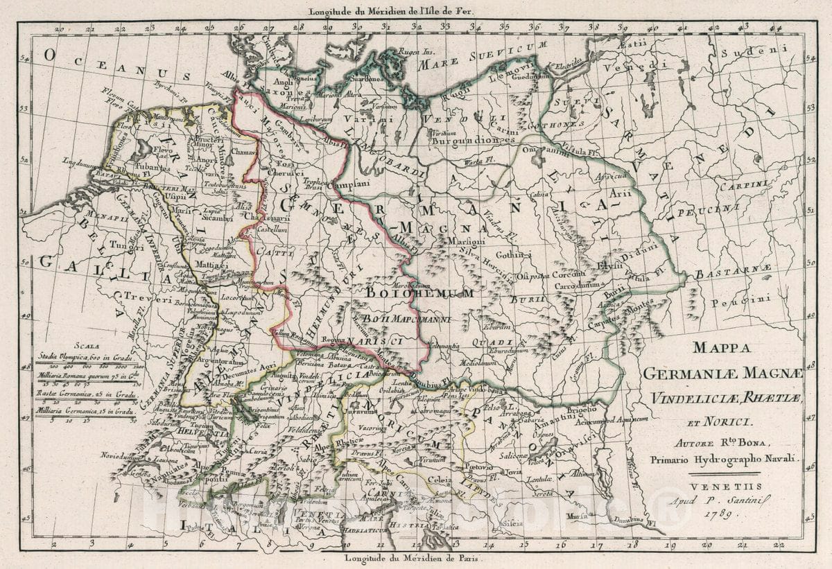 Historic Map : Germany, Mappa Germaniae magnae, Vindeliciae, Rhaetiae et Norici, 1789 Atlas , Vintage Wall Art