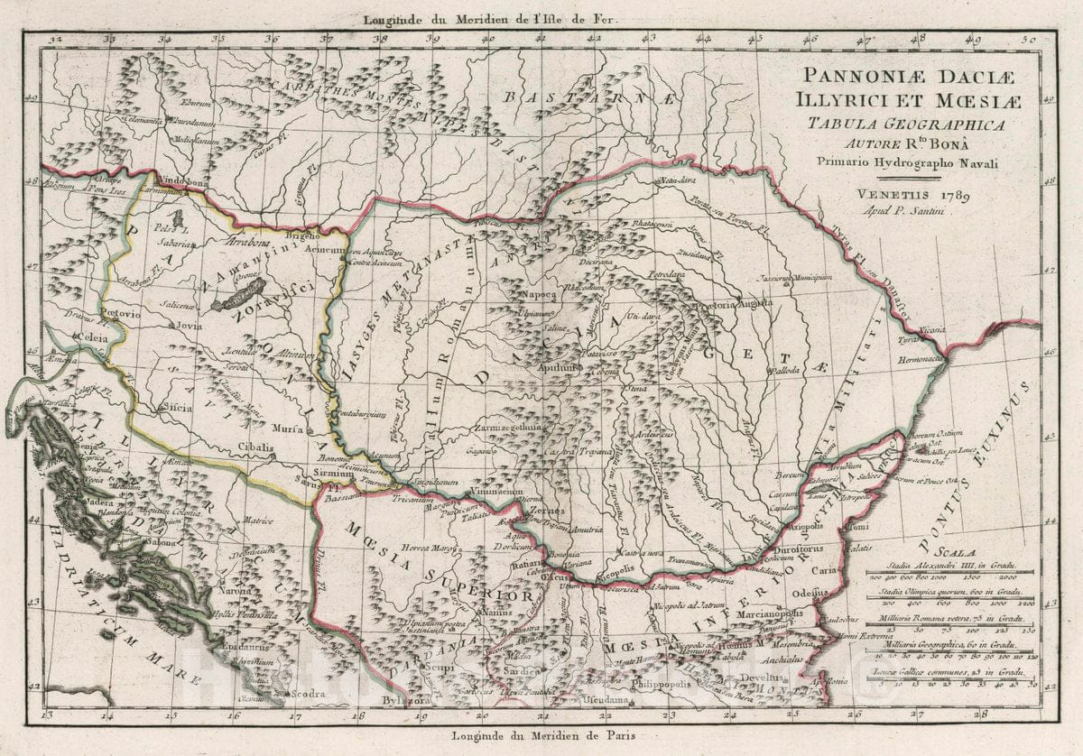 Historic Map : Bosnia and Herzegovina, Pannoniae Daciae Illyrici et Mcesiae Tabula geographica, 1789 Atlas , Vintage Wall Art