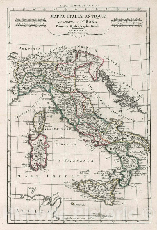 Historic Map : Italy, Mappa Italiae Antique descripta A Rto. Bona, Primario Hydrographo Navali. Venetiis Apud P. Santini 1791. , Vintage Wall Art