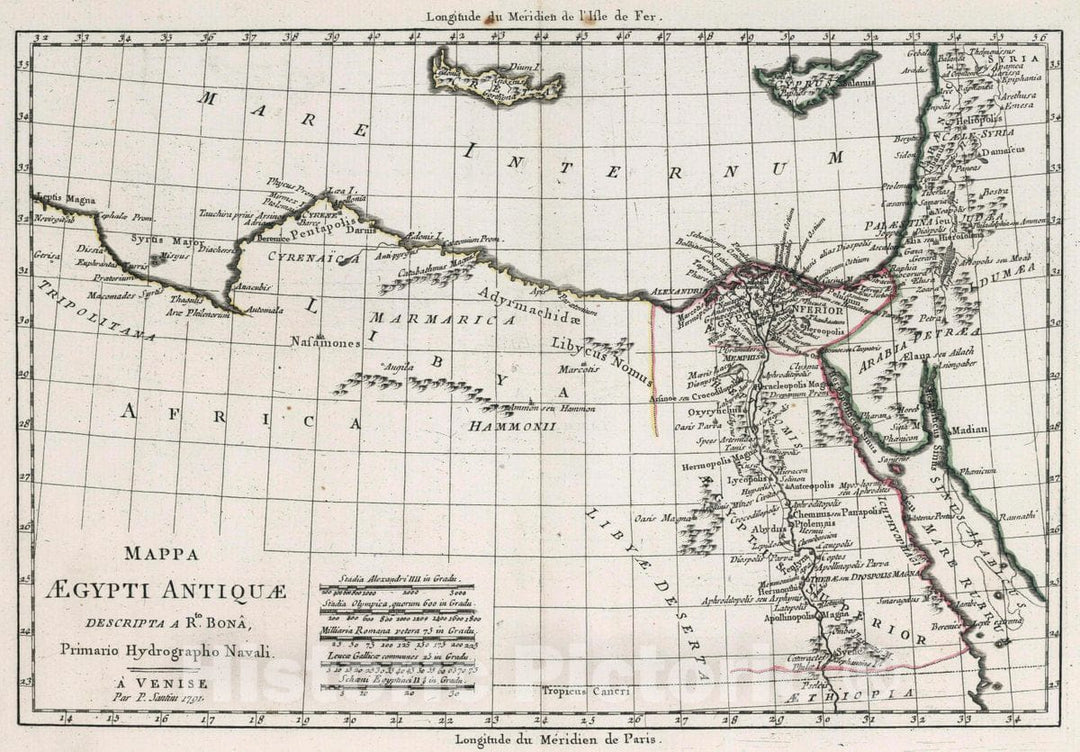 Historic Map : Egypt, Mappa Aegypti antiquae descripta a Rto. Bona, Primario Hydrographo Navali. Venetiis Apud P. Santini 1791, 1791 Atlas , Vintage Wall Art