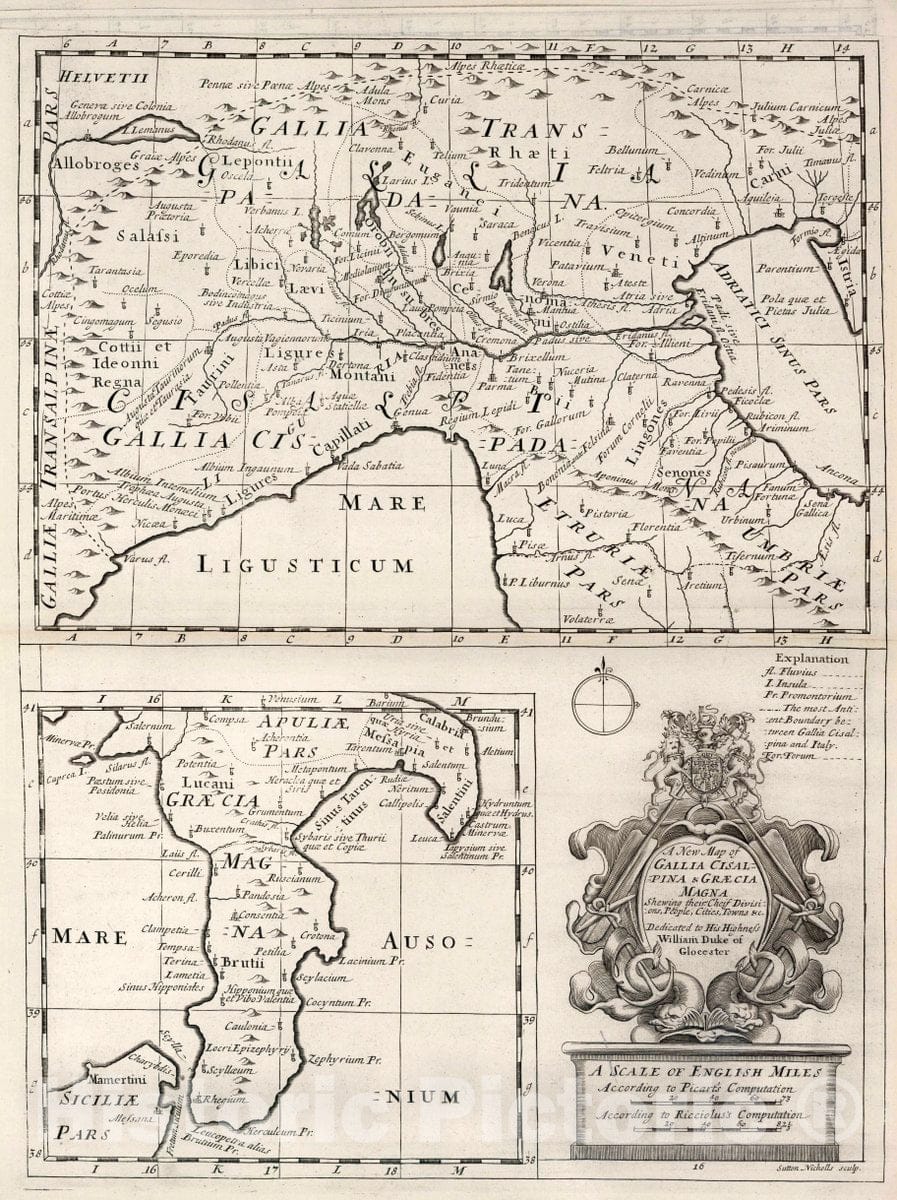 Historic Map : Italy, , Europe A New map of Gallia Cisalpina & Graecia Magna, 1700 Atlas , Vintage Wall Art