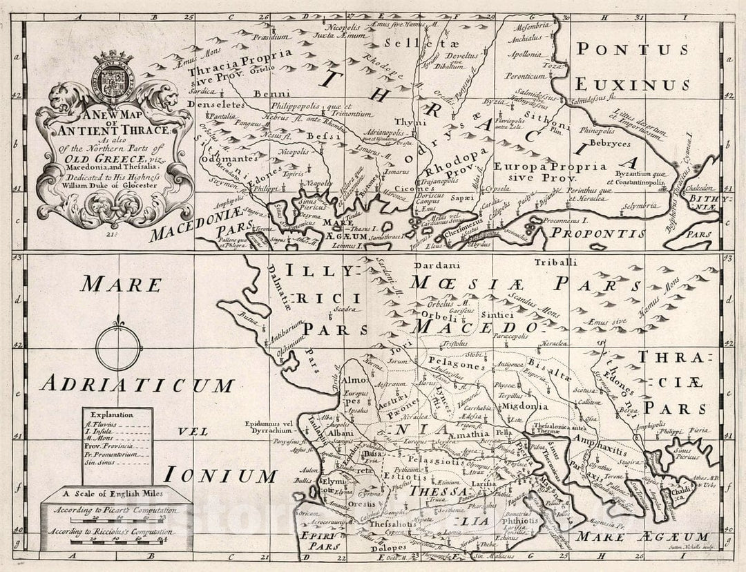 Historic Map : A New map of antient Thrace : as Also of The Northern Parts of Old Greece, viz. Macedonia and Thessalia. Sutton Nicholls sculp, 1700 Atlas - Vintage Wall Art