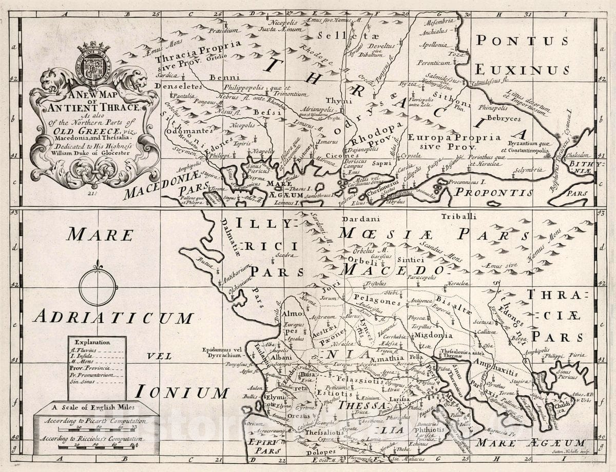 Historic Map : A New map of antient Thrace : as Also of The Northern Parts of Old Greece, viz. Macedonia and Thessalia. Sutton Nicholls sculp, 1700 Atlas - Vintage Wall Art