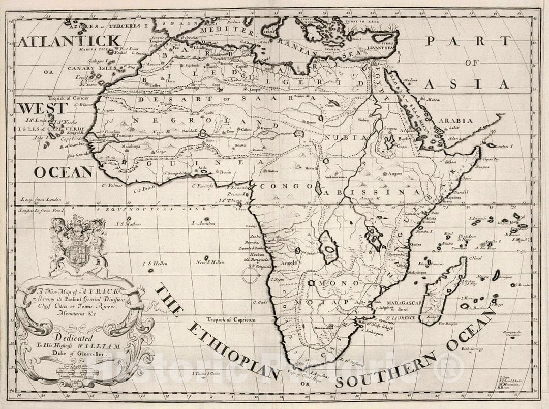 Historic Map : A New map of Africk shewing its Present divisions, cheif Cities or Townes, Rivers, Mountains &c. R. Spofforth sculp, 1700 Atlas - Vintage Wall Art