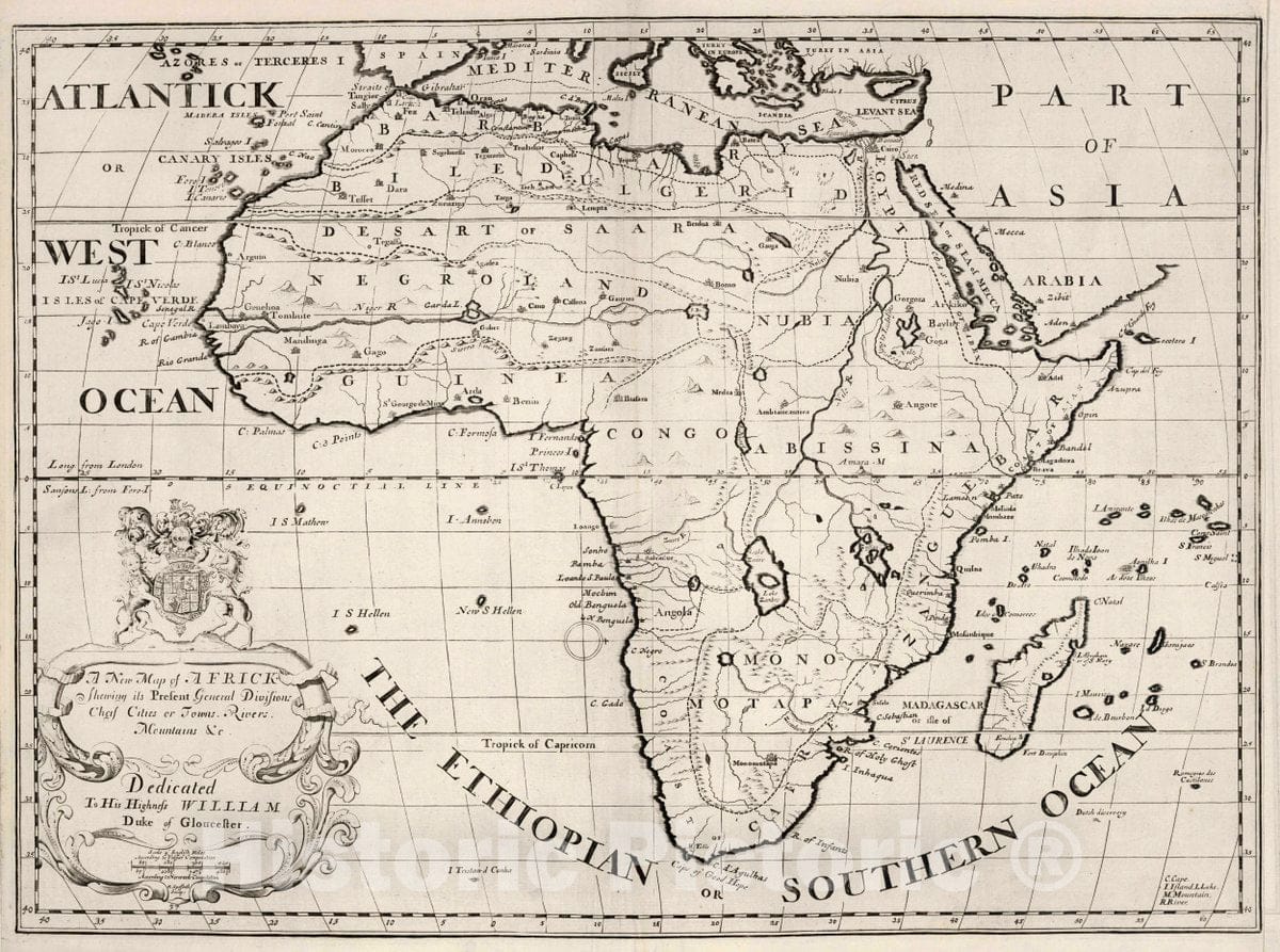 Historic Map : A New map of Africk shewing its Present divisions, cheif Cities or Townes, Rivers, Mountains &c. R. Spofforth sculp, 1700 Atlas - Vintage Wall Art