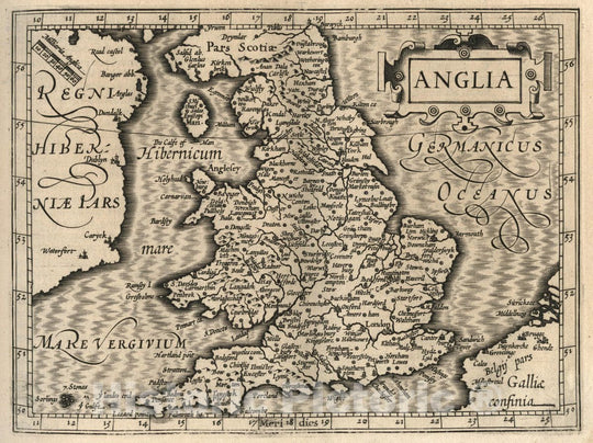 Historic Map : England, Anglia. (to accompany) Atlas Minor Gerardi Mercatoris, 1607 Atlas , Vintage Wall Art