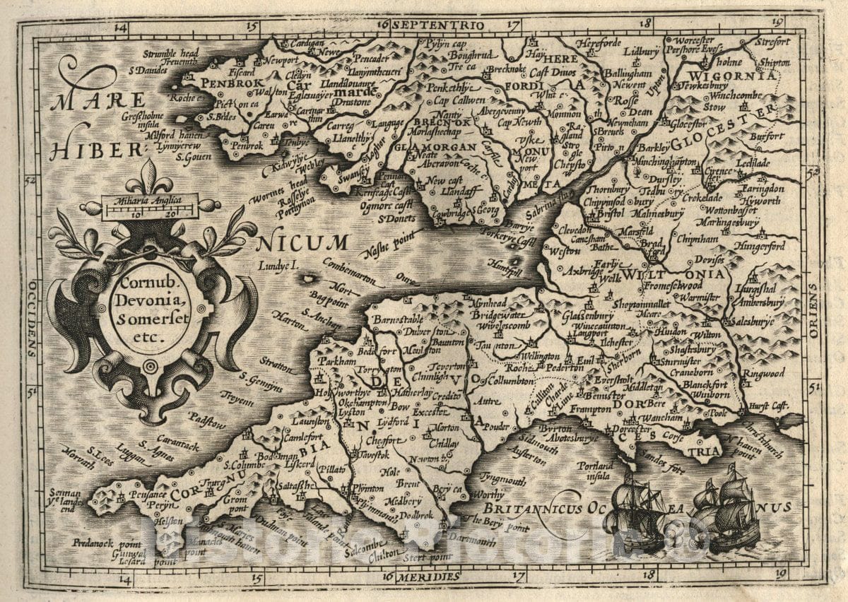 Historic Map : England, Cornub. Devonia, Somerset etc, 1607 Atlas , Vintage Wall Art