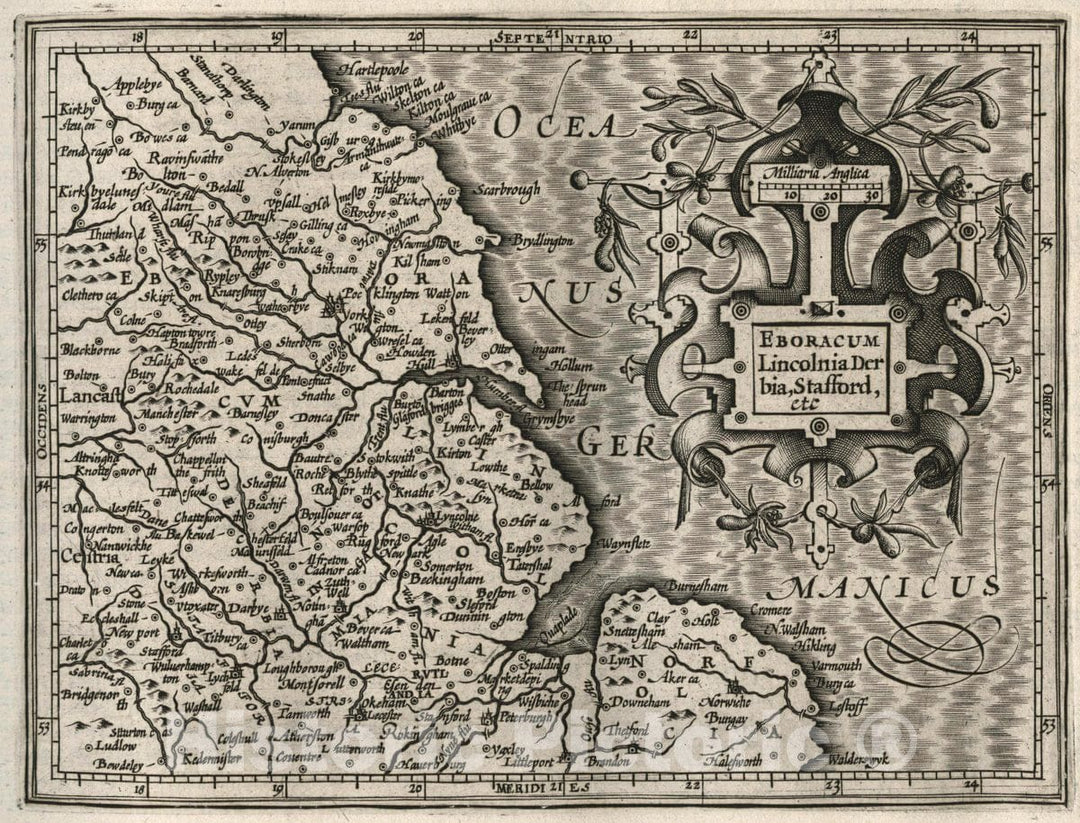 Historic Wall Map : England, Eboracum Lincolnia Derbia, Stafford, etc, 1607 Atlas , Vintage Wall Art