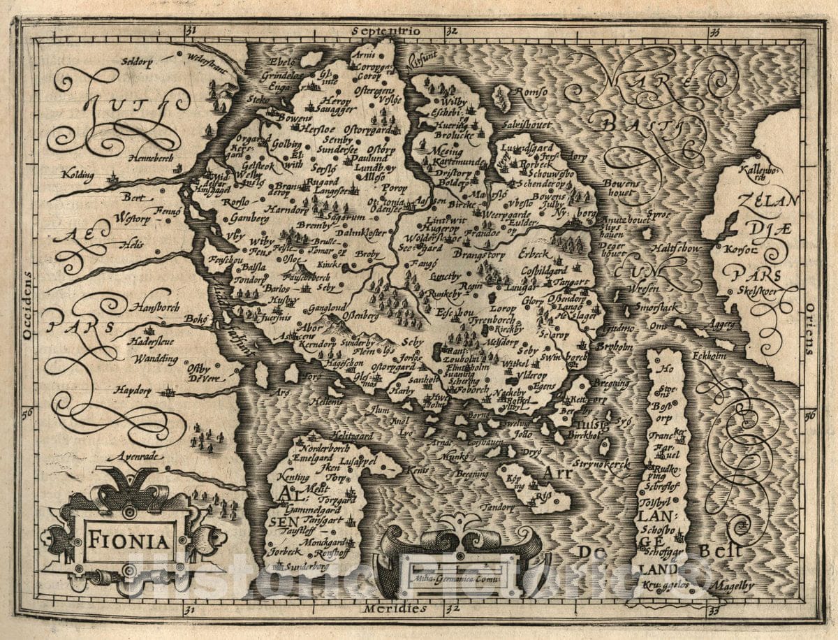 Historic Map : Denmark, Fioni. (to accompany) Atlas Minor Gerardi Mercatoris, 1607 Atlas , Vintage Wall Art