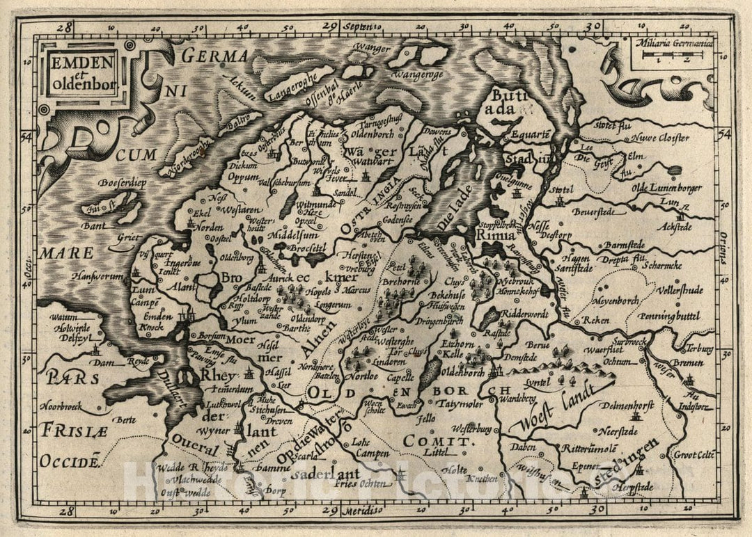 Historic Map : Germany, Emden et Oldenbor.(to accompany) Atlas Minor Gerardi Mercatoris, 1607 Atlas , Vintage Wall Art